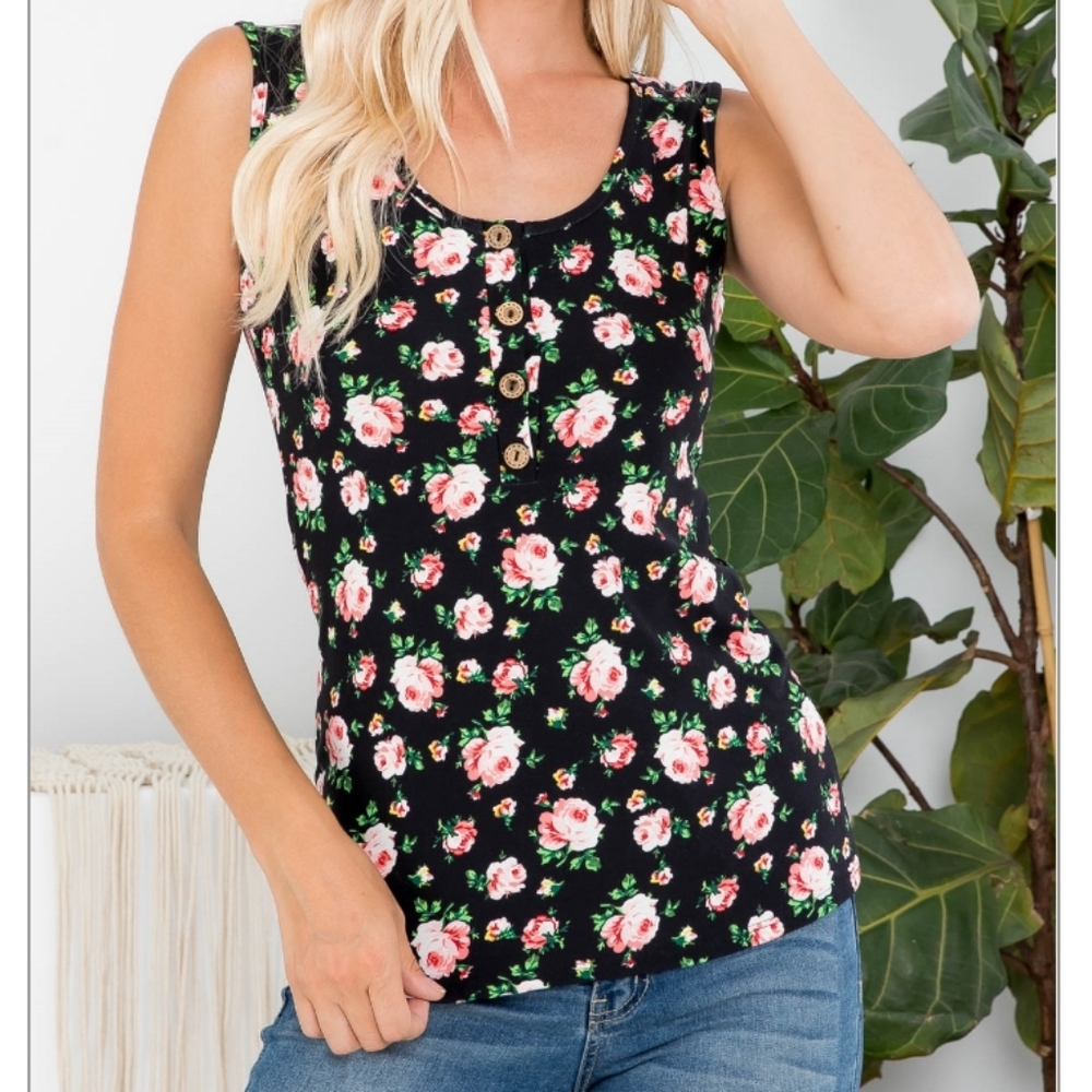 Perfect Black Pink Floral Scoop Neck Tank Top